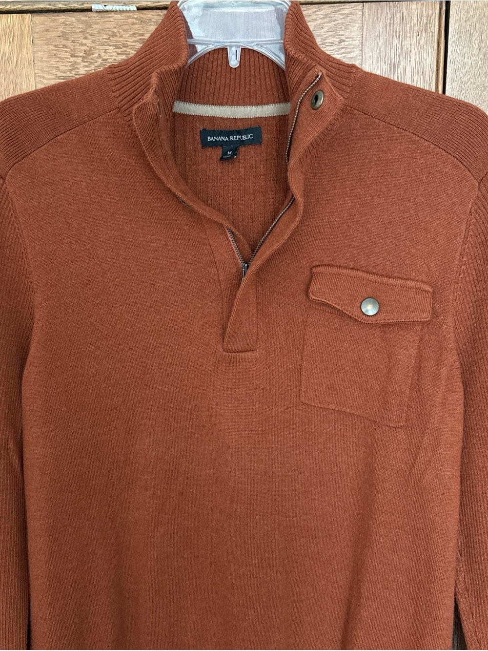 Banana Republic Men's Rust Zip-Neck Sweater with Snap Pocket Fine Merino Wool